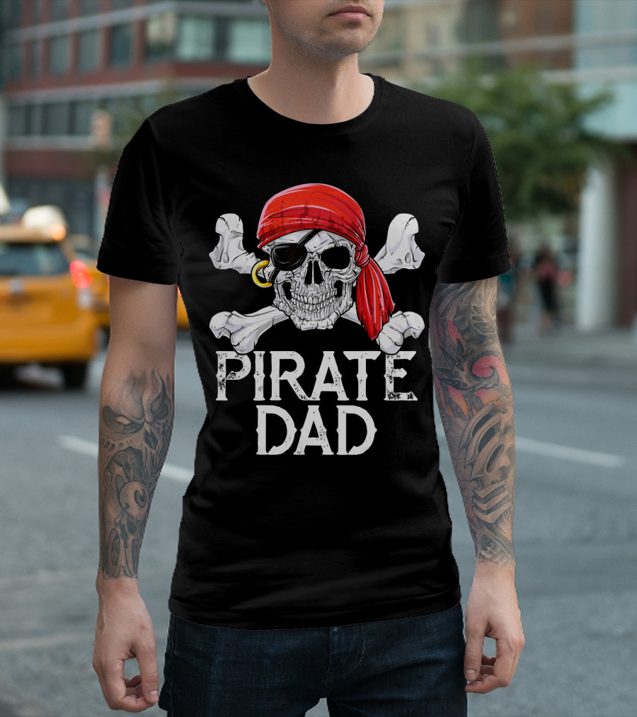Pirate Dad Jolly Roger Skull with Red Bandana and Crossbones T-Shirt