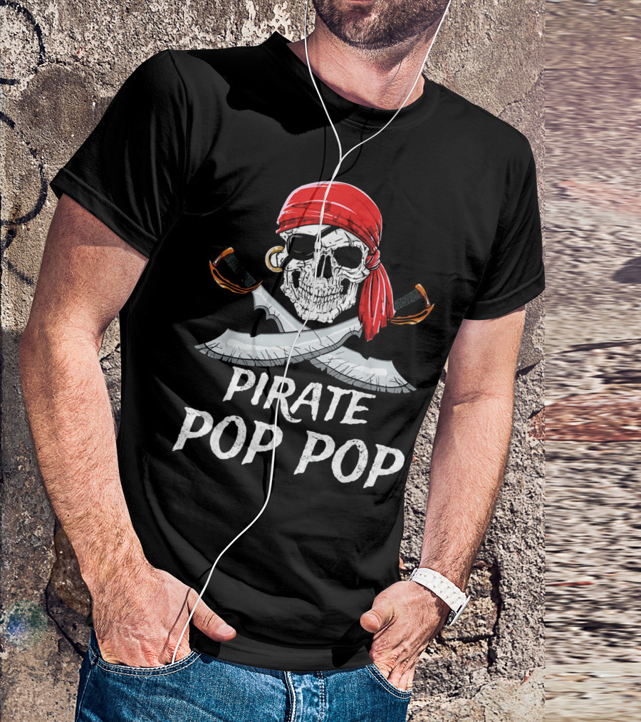 Pirate Pop Pop Skull With Red Bandana And Crossed Swords T-Shirt