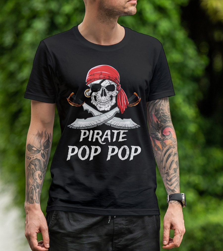 Pirate Pop Pop Skull With Red Bandana And Crossed Swords T-Shirt