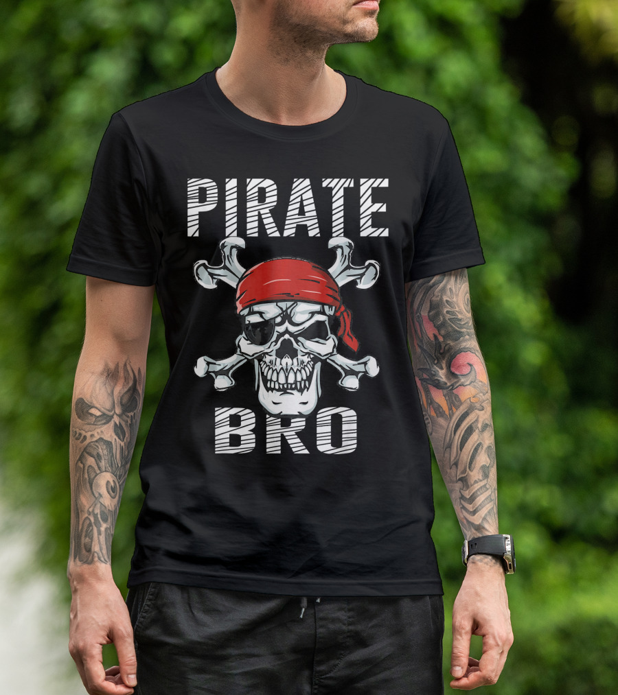 Pirate Bro Skull With Crossbones And Red Bandana T-Shirt