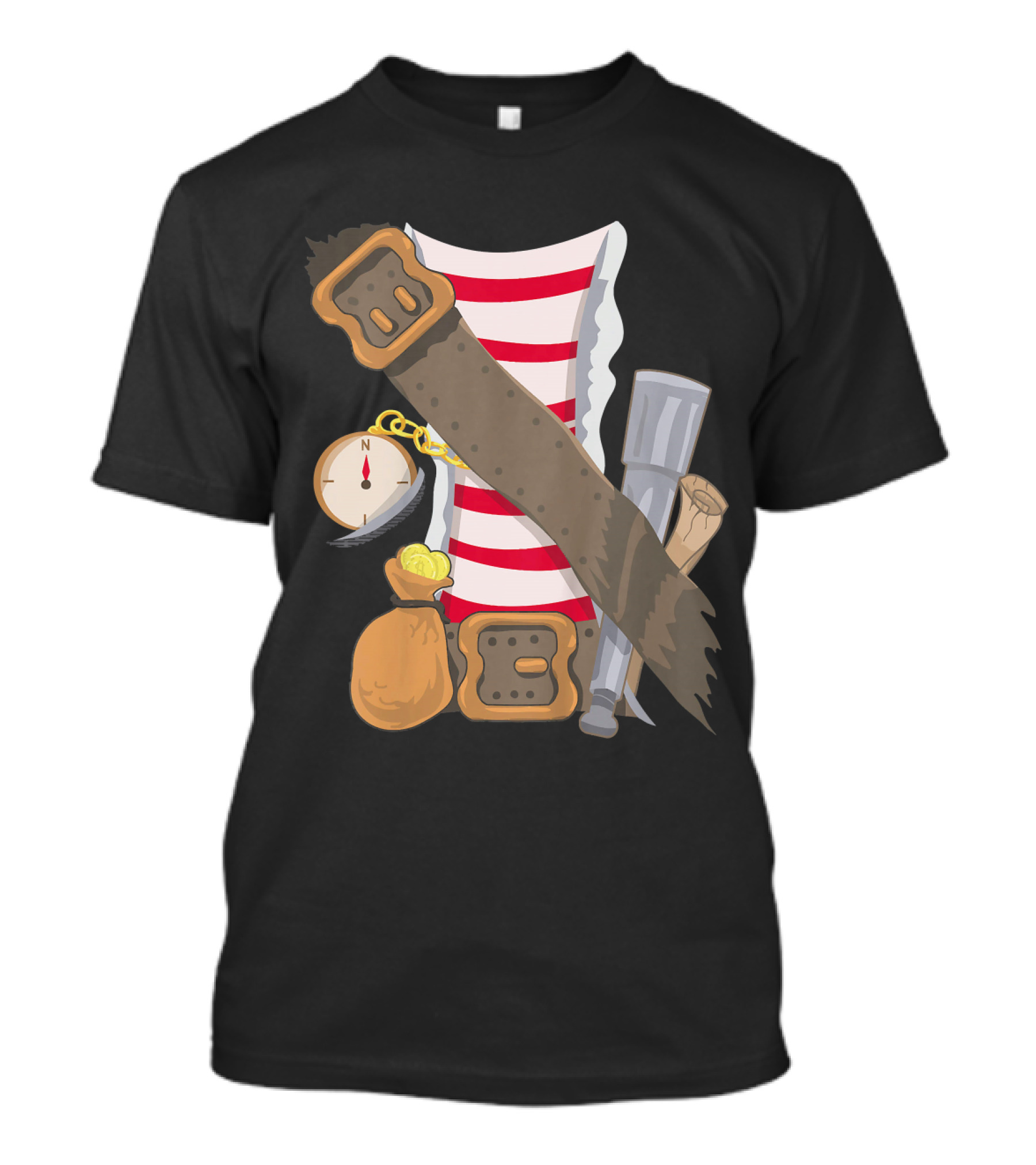 Kids Pirate Buccaneer Striped Shirt With Compass And Treasure Elements T-Shirt
