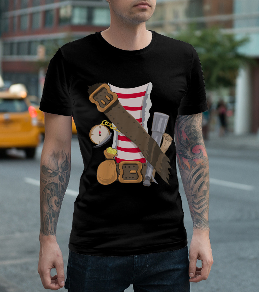 Kids Pirate Buccaneer Striped Shirt with Compass and Treasure Elements T-Shirt