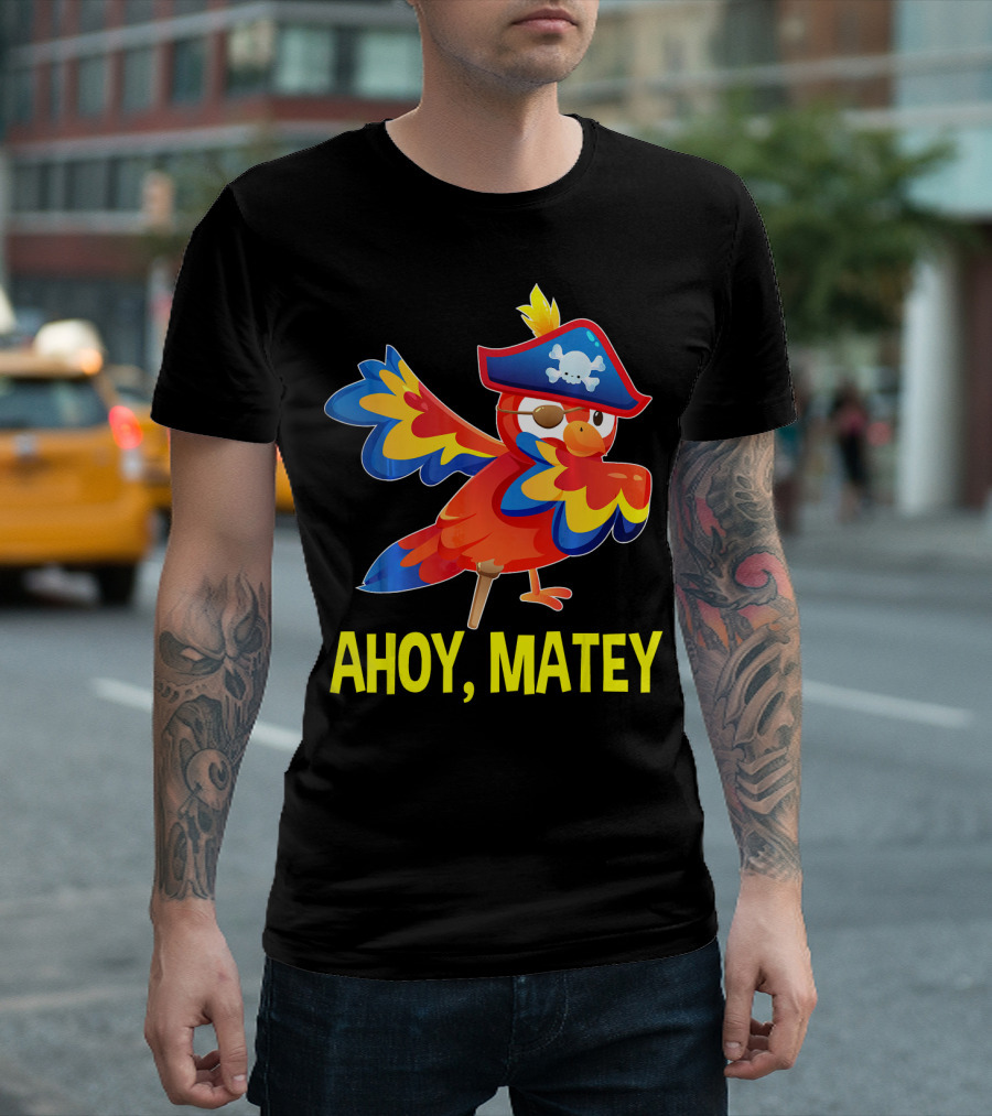 Ahoy Matey Dabbing Parrot with Pirate Hat and Skull Emblem T-Shirt