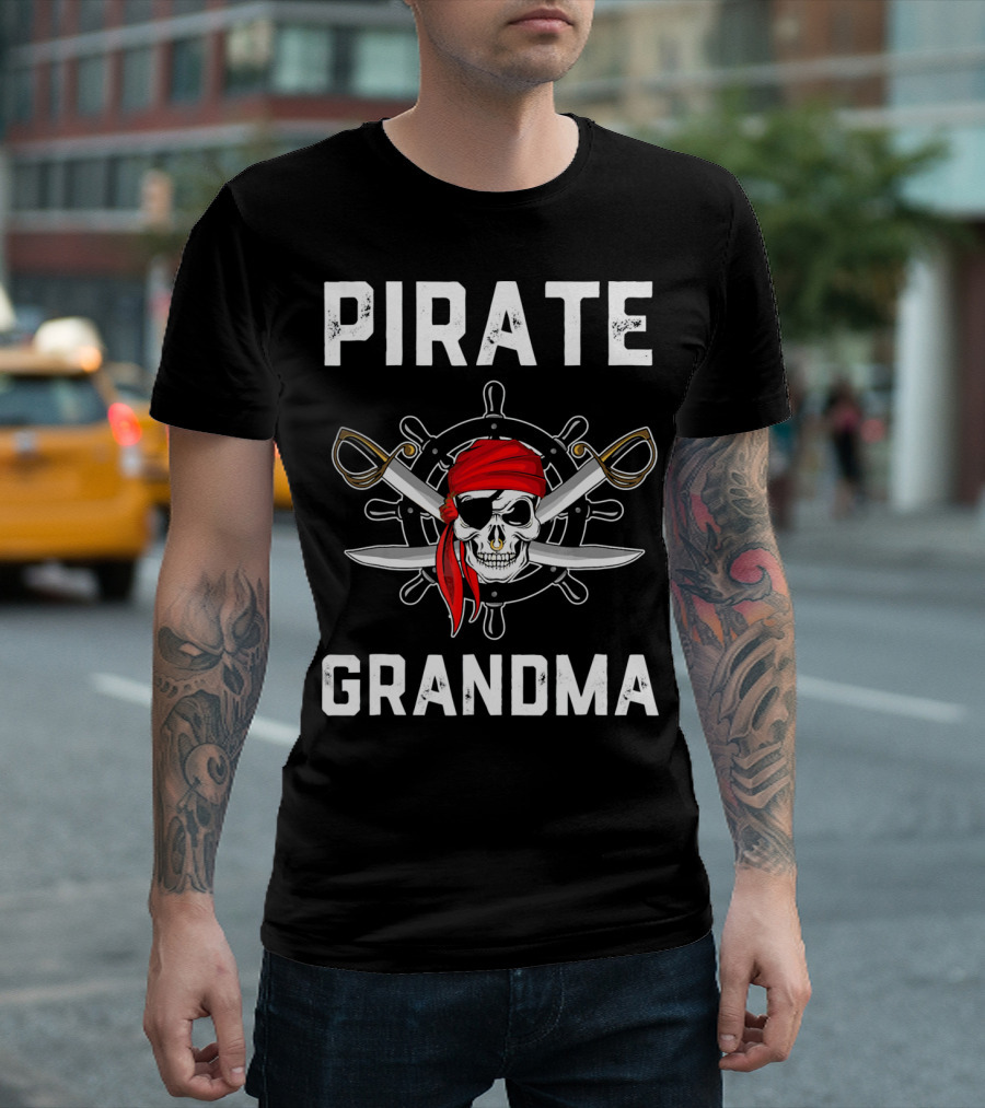 Pirate Grandma Skull with Red Bandana and Crossed Swords T-Shirt