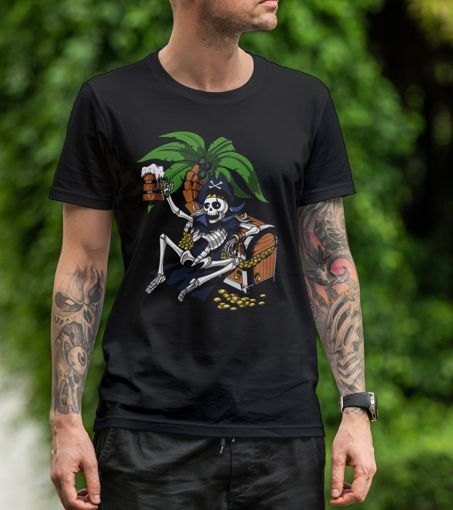 Skeleton Pirate Toasting With Treasure Chest Palm Tree Scene T-Shirt