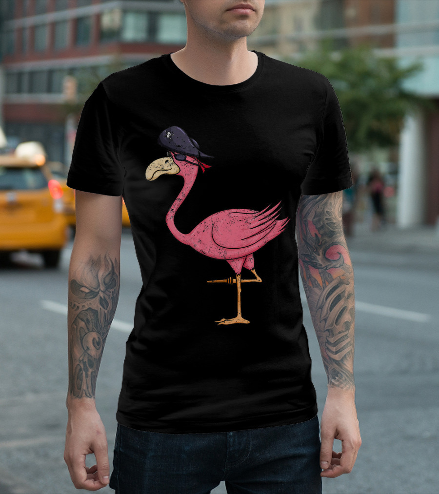 Vintage Pink Flamingo Pirate With Eyepatch and Skull Hat T-Shirt