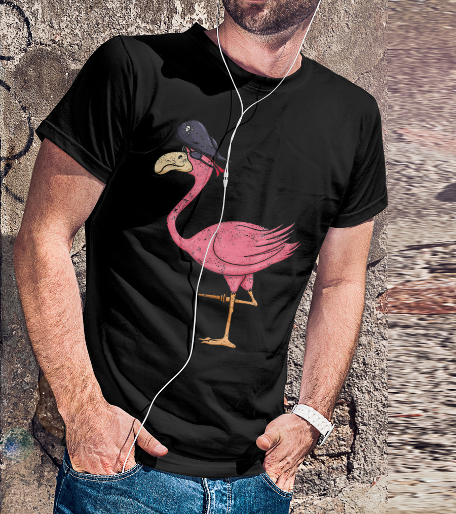 Vintage Pink Flamingo Pirate With Eyepatch And Skull Hat T-Shirt