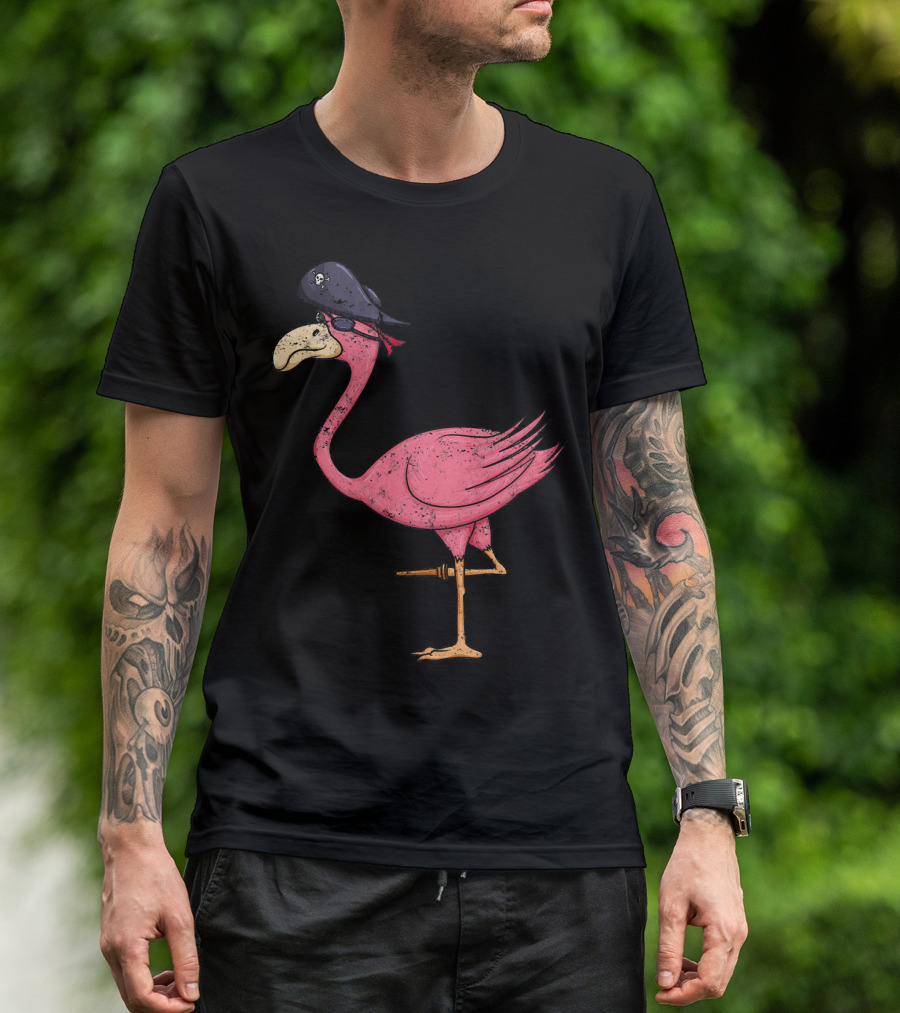 Vintage Pink Flamingo Pirate With Eyepatch And Skull Hat T-Shirt