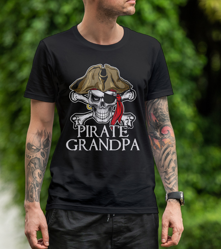 Pirate Grandpa Skull Crossbones Hat Eye Patch Red Bandana T-Shirt