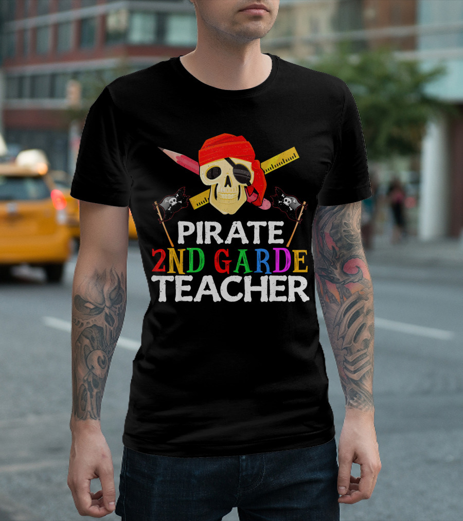 Pirate 2nd Grade Teacher Skull Ruler Swords Red Bandana T-Shirt