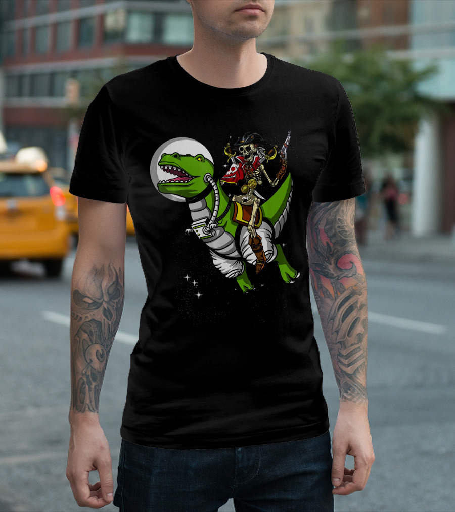 Skeleton Pirate Riding T-Rex Dinosaur with Spacesuit and Blaster T-Shirt