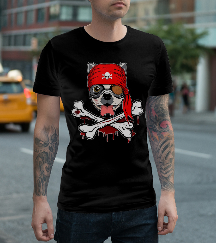 Funny Pirate French Bulldog With Skull Bandana And Crossbones T-Shirt