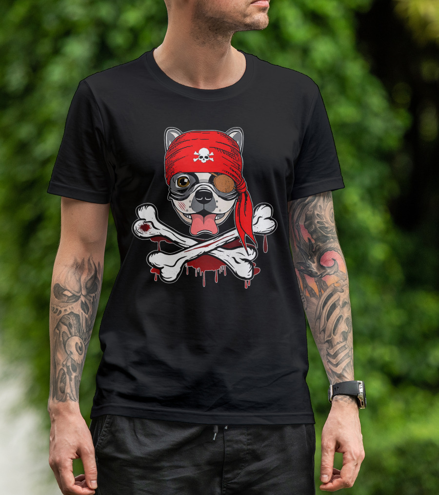 Funny Pirate French Bulldog With Skull Bandana And Crossbones T-Shirt