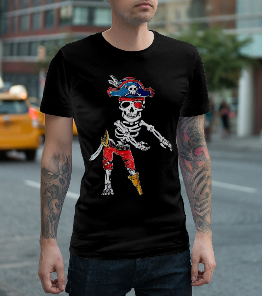 Pirate Skeleton Flossing Dance Red Pants Skull Hat Eyepatch Sword T-Shirt