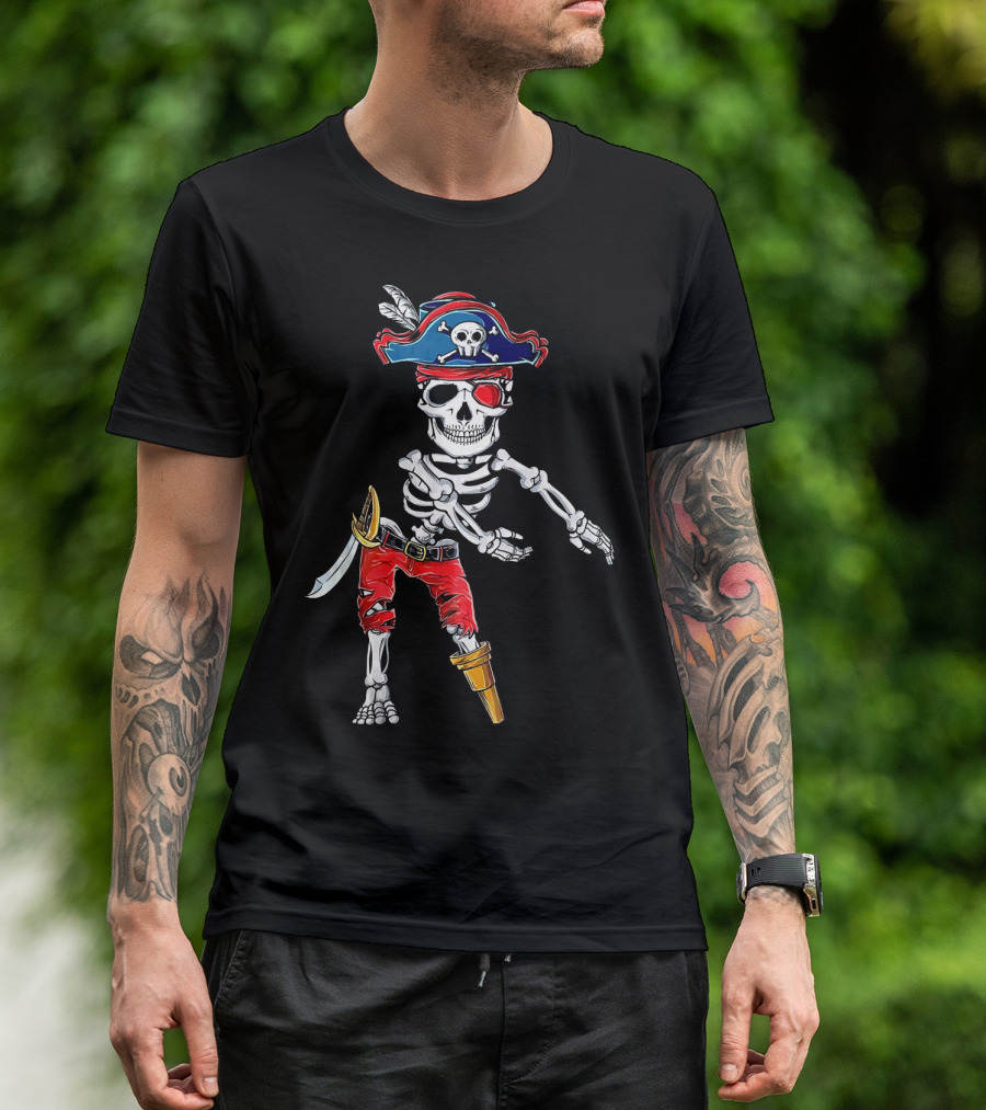 Pirate Skeleton Flossing Dance Red Pants Skull Hat Eyepatch Sword T-Shirt