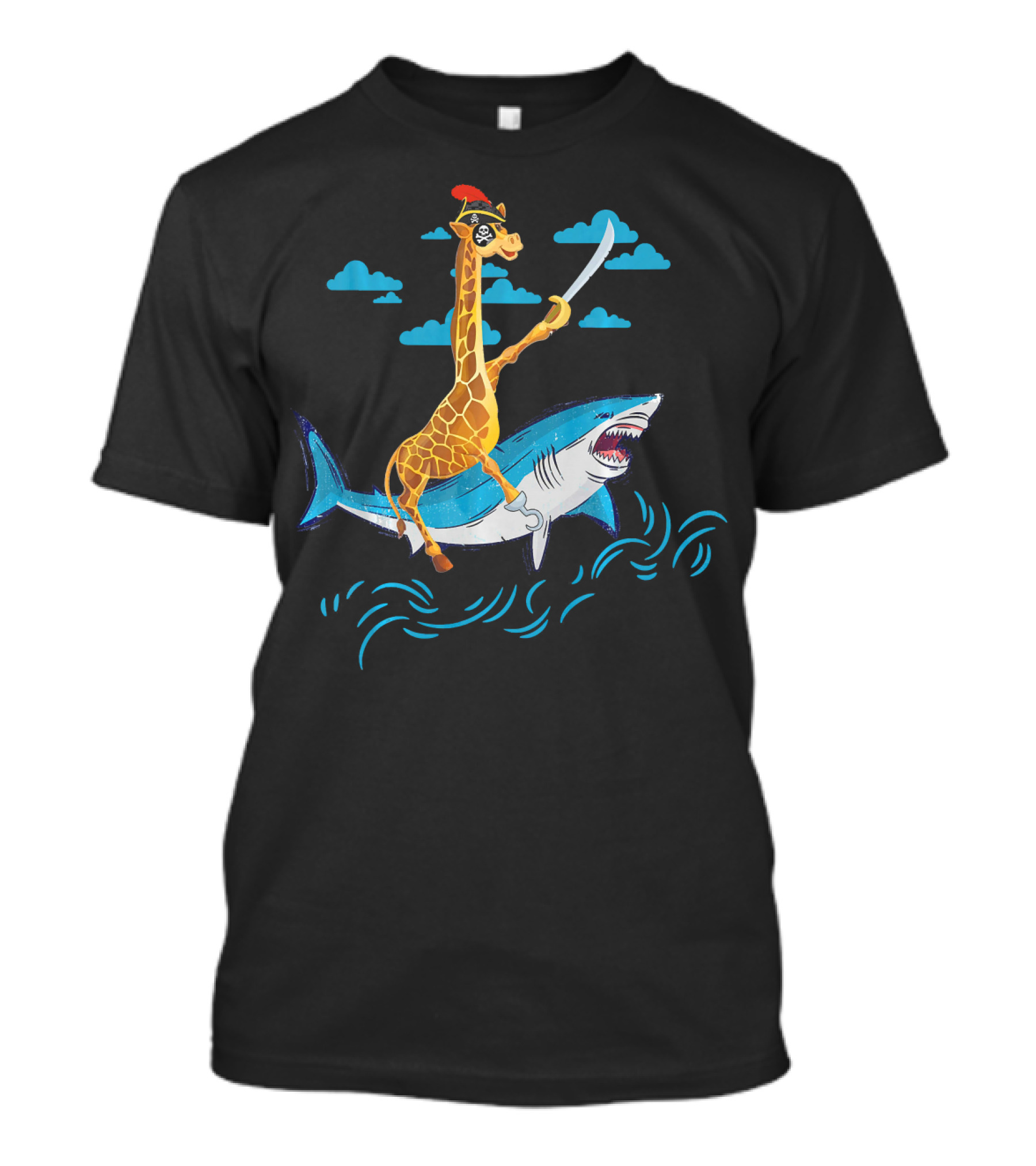 Giraffe Pirate Riding Shark With Sword Adventure T-Shirt