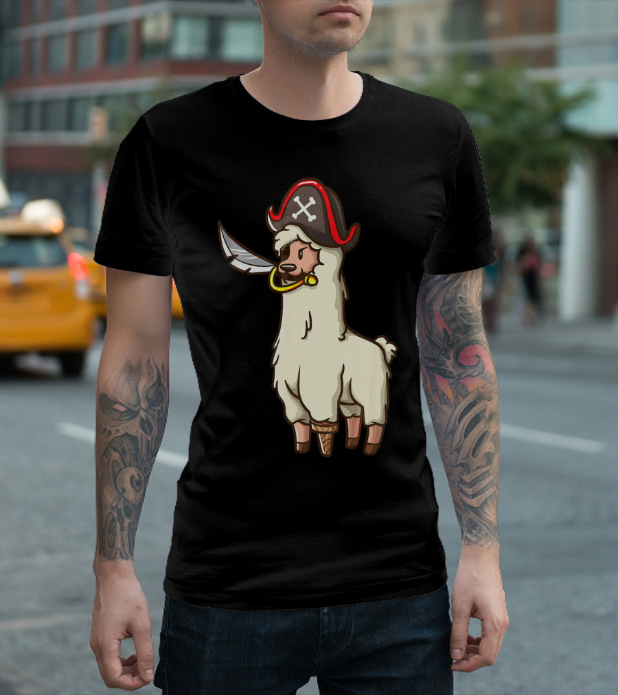 Pirate Llama with Hat and Sword Halloween Party T-Shirt