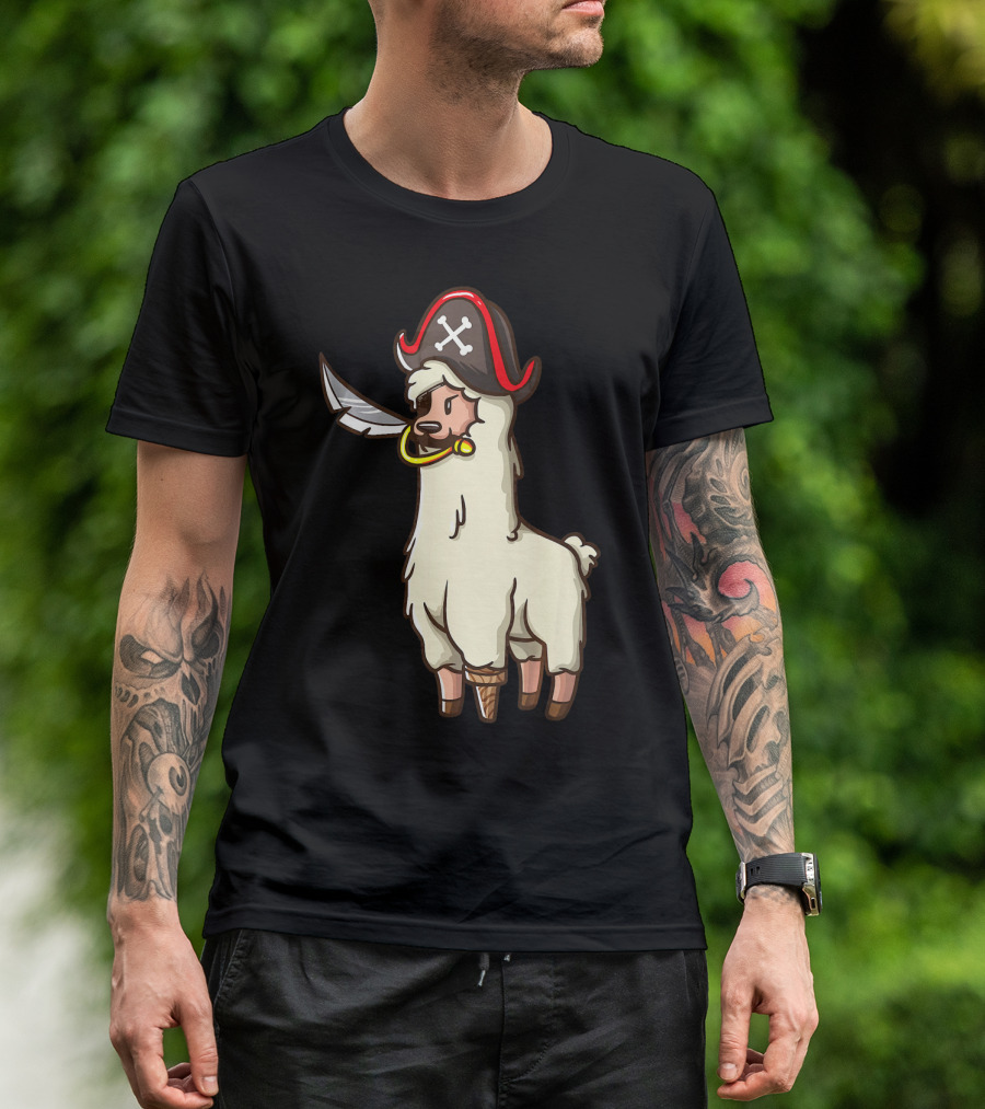 Pirate Llama With Hat And Sword Halloween Party T-Shirt