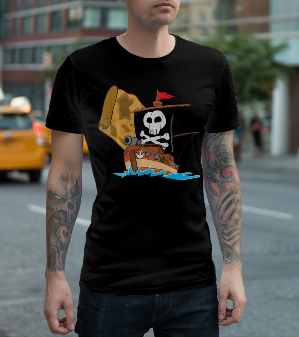 Pirate Ship With Jolly Roger And Treasure Map T-Shirt