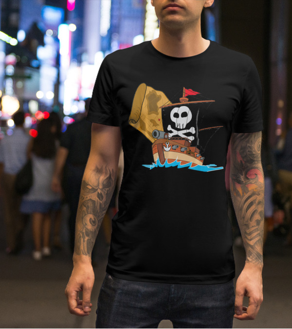 Pirate Ship With Jolly Roger And Treasure Map T-Shirt