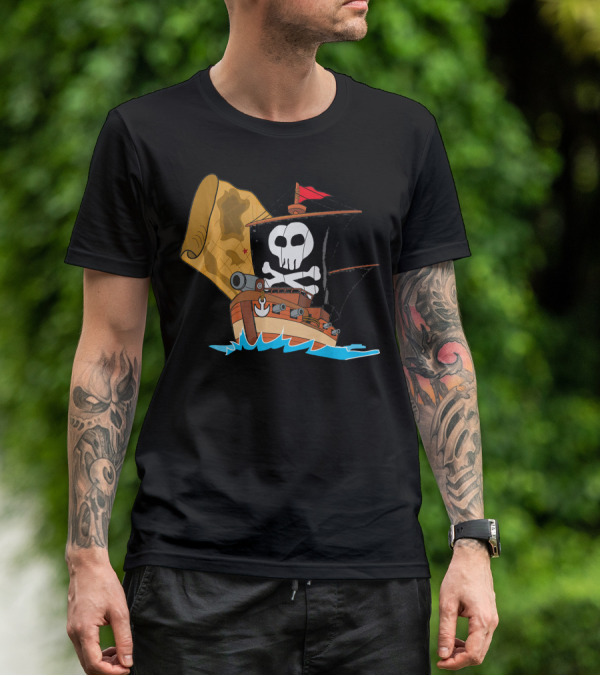 Pirate Ship With Jolly Roger And Treasure Map T-Shirt