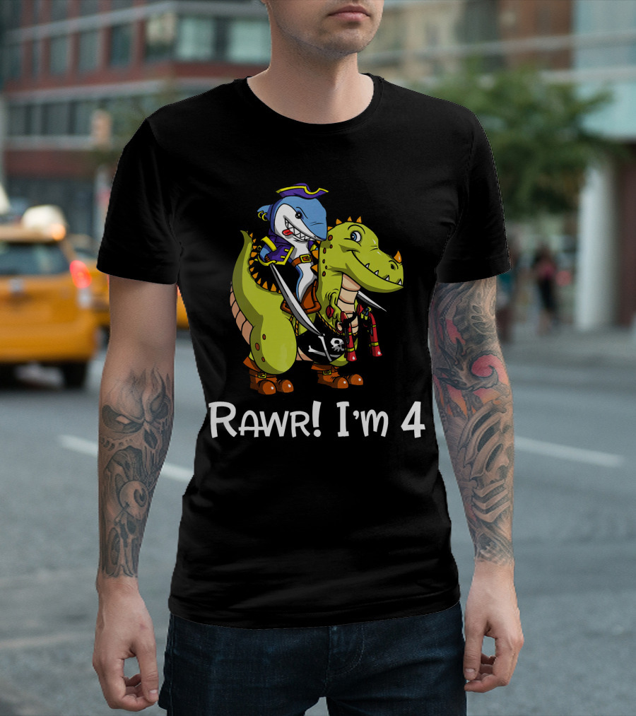 Rawr Dinosaur Shark Pirate Birthday Party I'm 4 T-Shirt