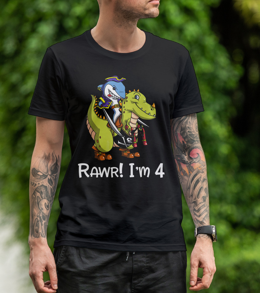Rawr Dinosaur Shark Pirate Birthday Party I'm 4 T-Shirt