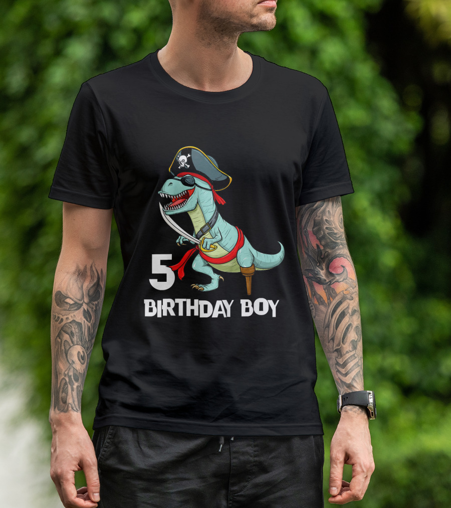 5 Birthday Boy Kids Pirate Dinosaur Rex Tyrannosaurus T-Shirt