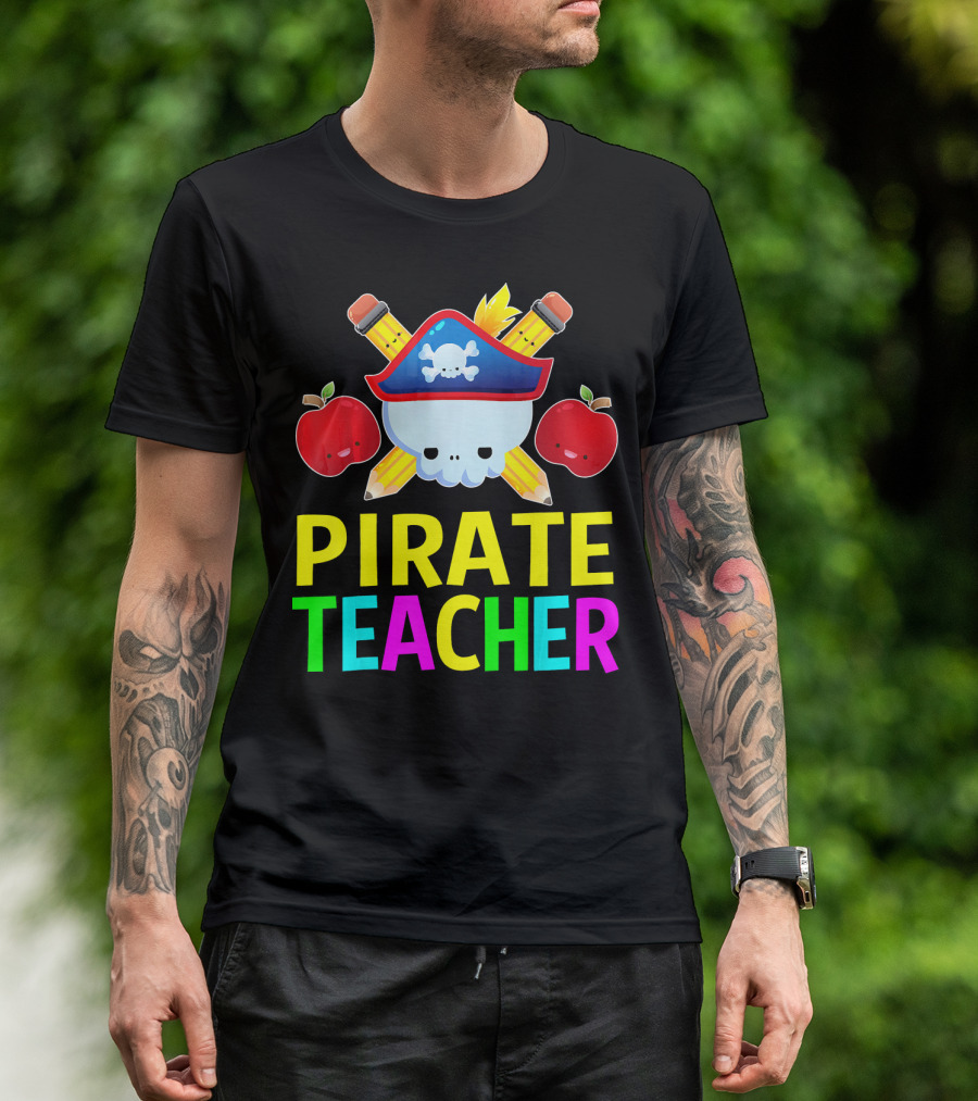 Pirate Teacher Halloween Costume Skull Pencils Apples T-Shirt
