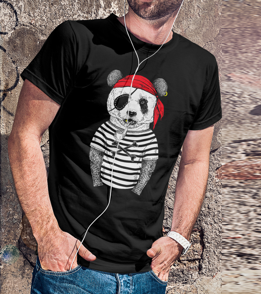 Panda Bear Pirate Wearing Striped Shirt With Red Bandana And Eye Patch T-Shirt