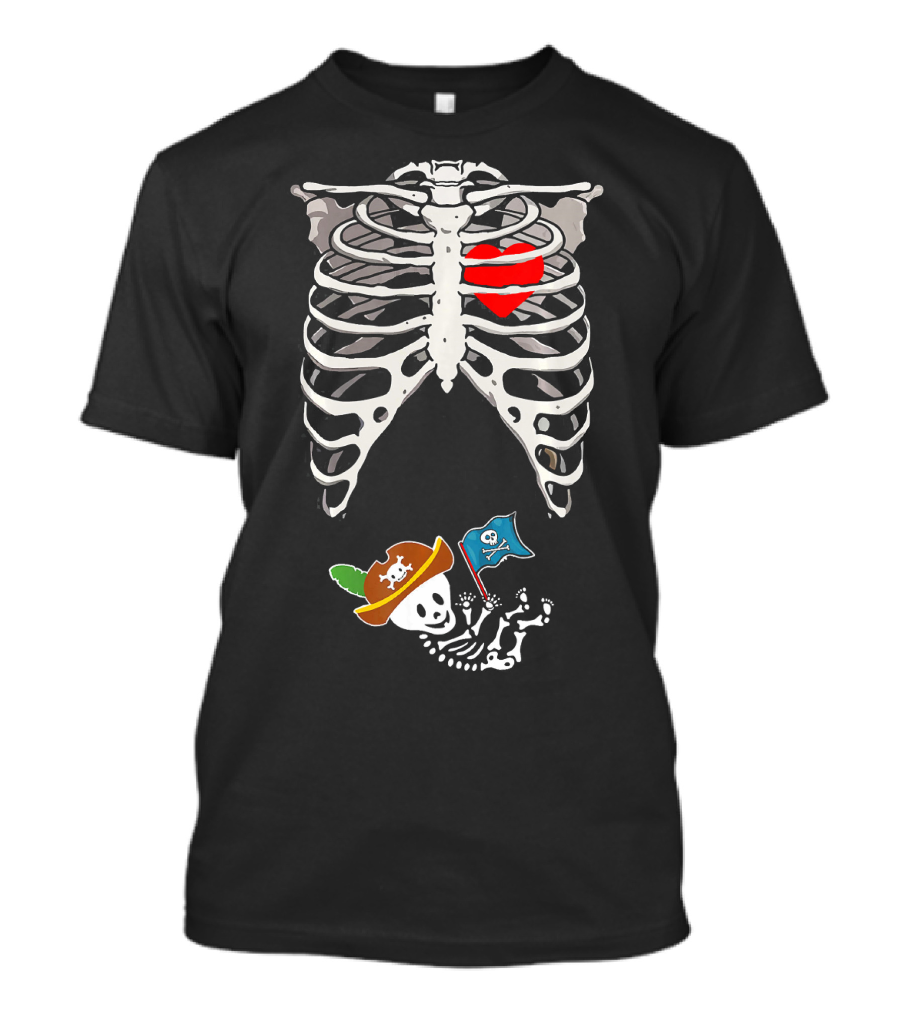 Halloween Pregnancy Pirate Skeleton Dad Heart With Baby Skeleton Pirate Hat And Flag T-Shirt
