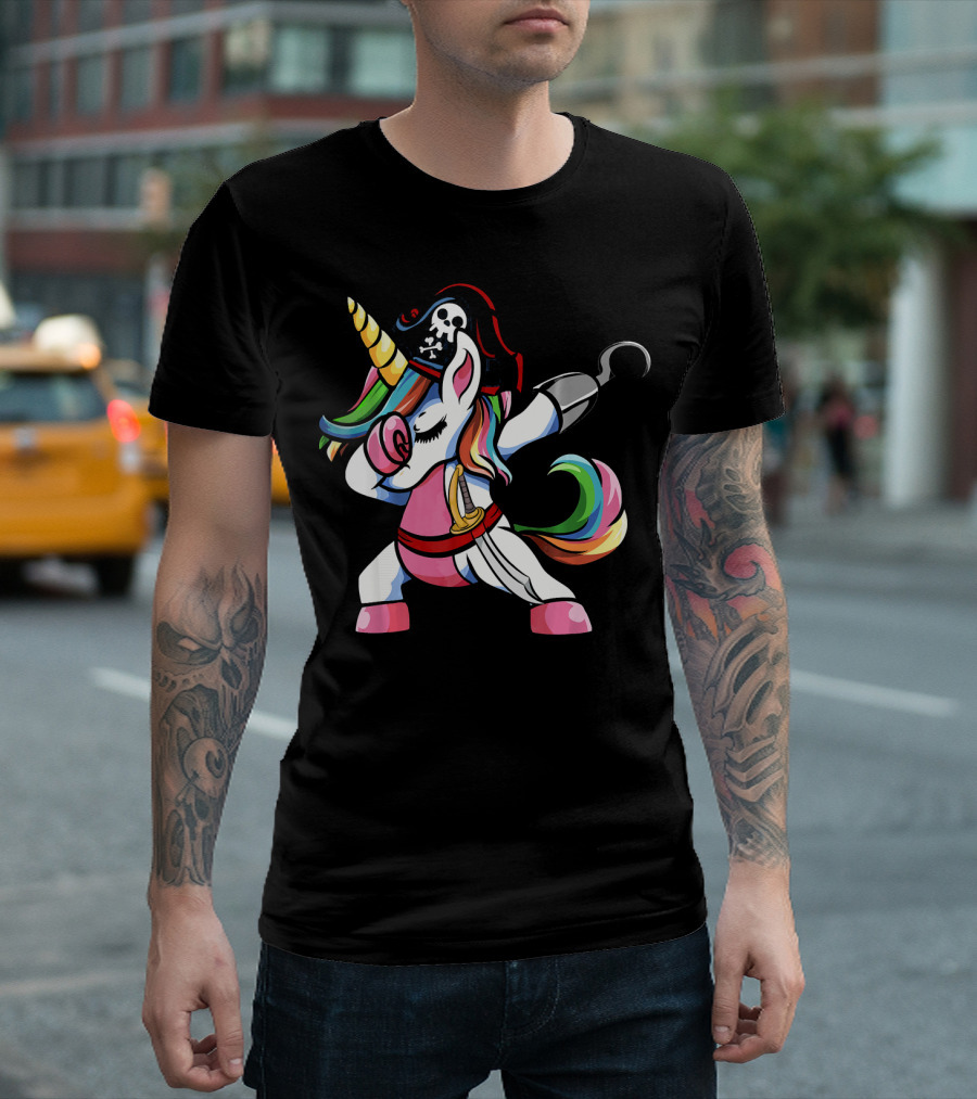 Halloween Dabbing Pirate Unicorn With Rainbow Mane And Hook T-Shirt