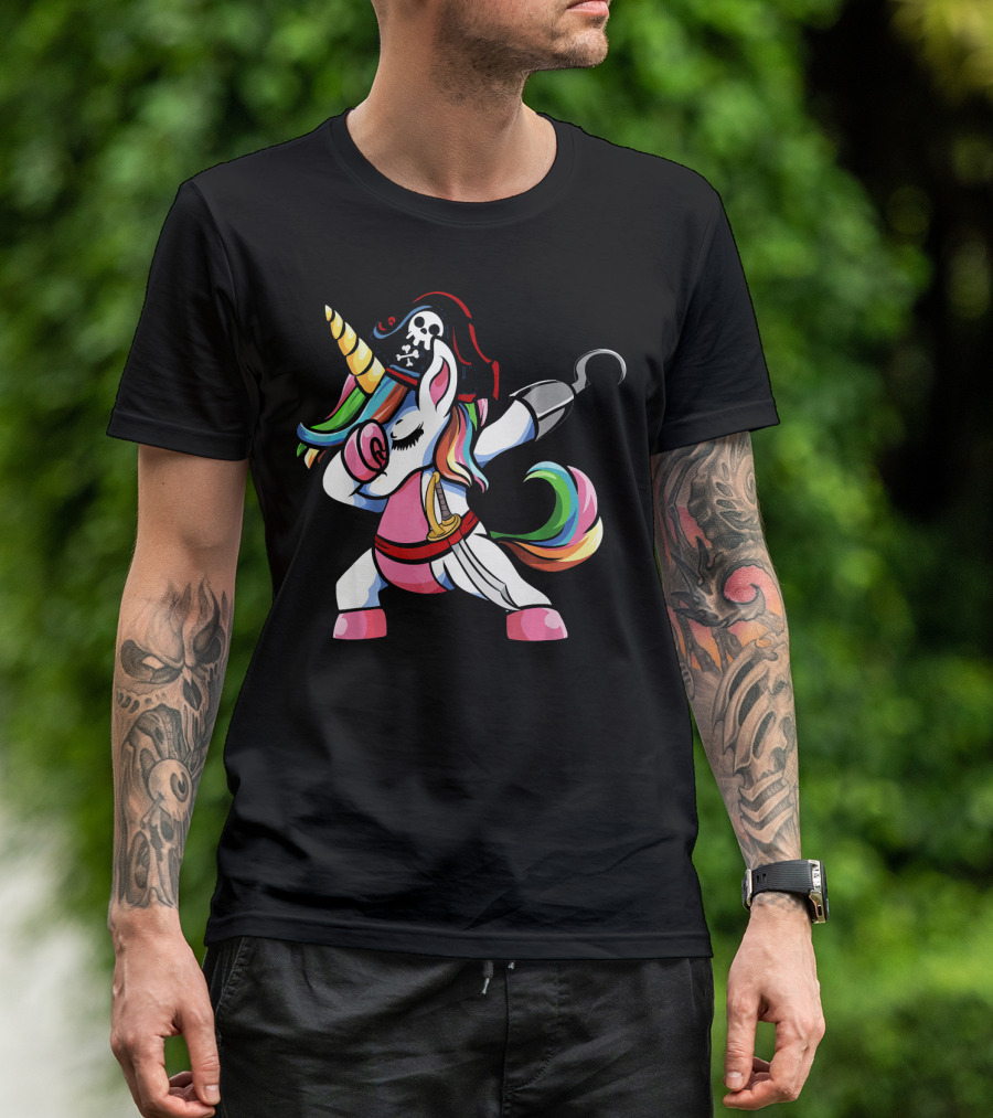 Halloween Dabbing Pirate Unicorn With Rainbow Mane And Hook T-Shirt
