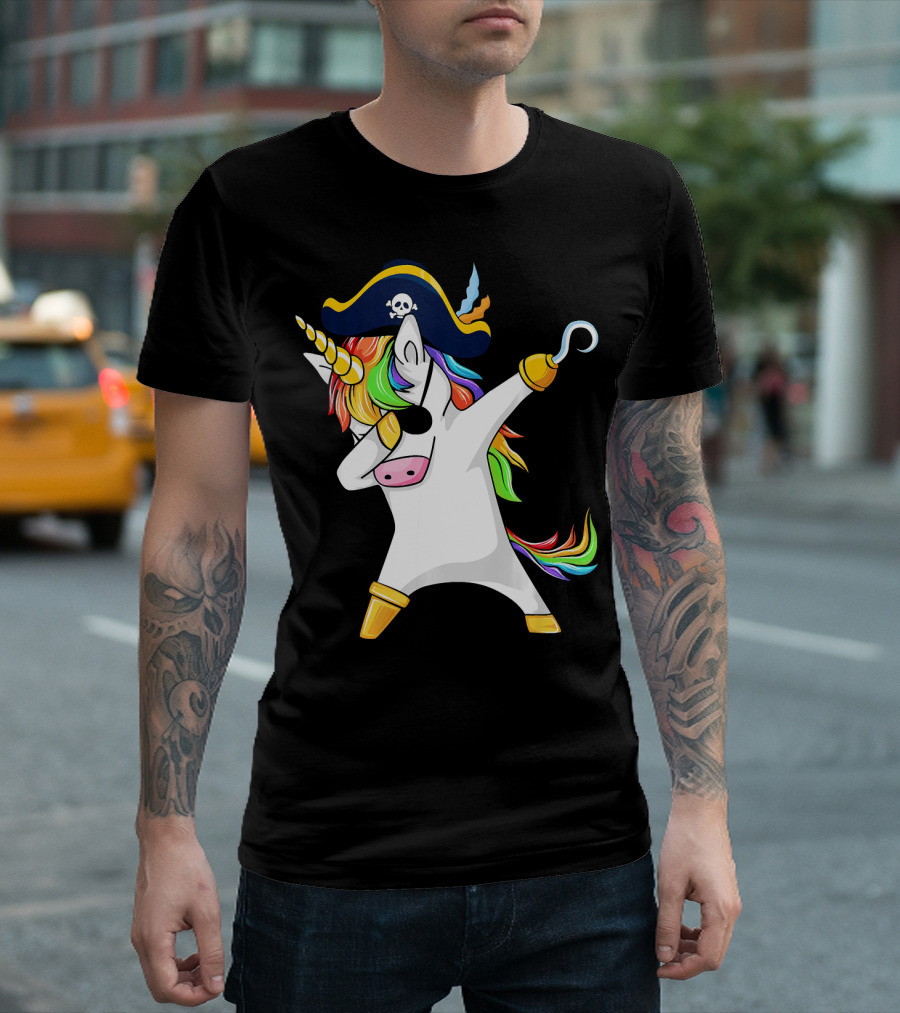 Funny Dabbing Unicorn Pirate With Rainbow Hair And Skull Hat T-Shirt