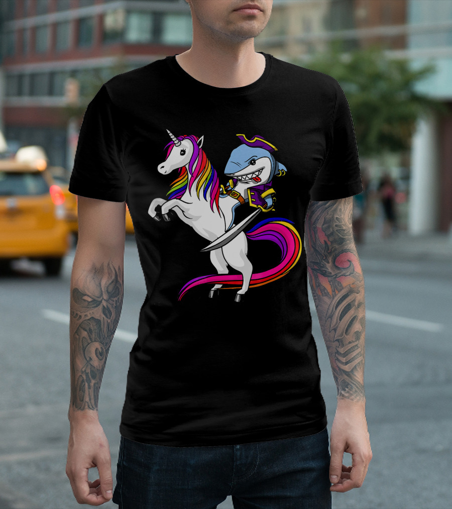 Shark Pirate Riding Rainbow Unicorn Magical Adventure T-Shirt