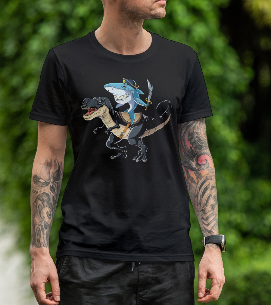 Pirate Shark Riding Dinosaur T-Shirt