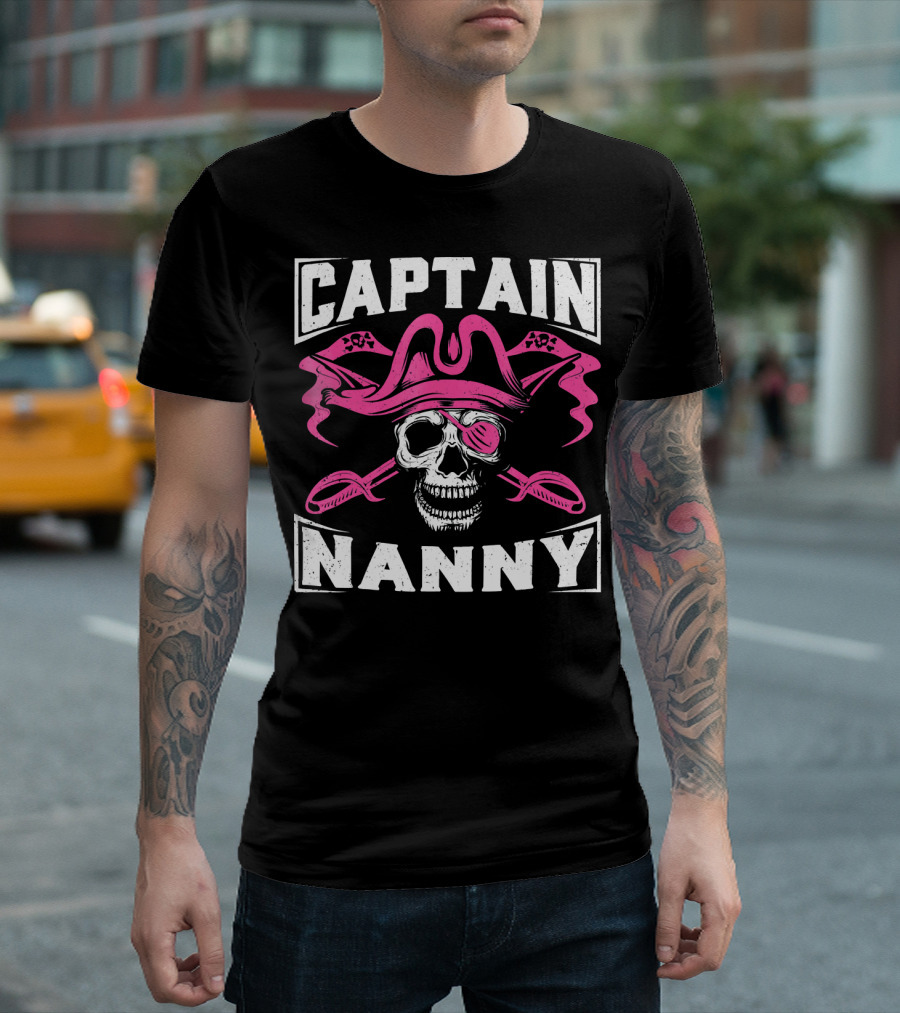 Captain Nanny Skull Pink Pirate Hat Crossed Swords T-Shirt
