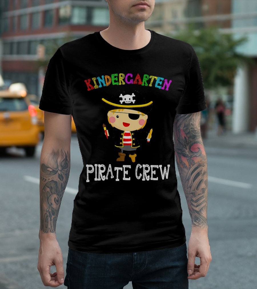 Kindergarten Pirate Crew Sketched Colorful Text with Pirate Boy Holding Crayons T-Shirt