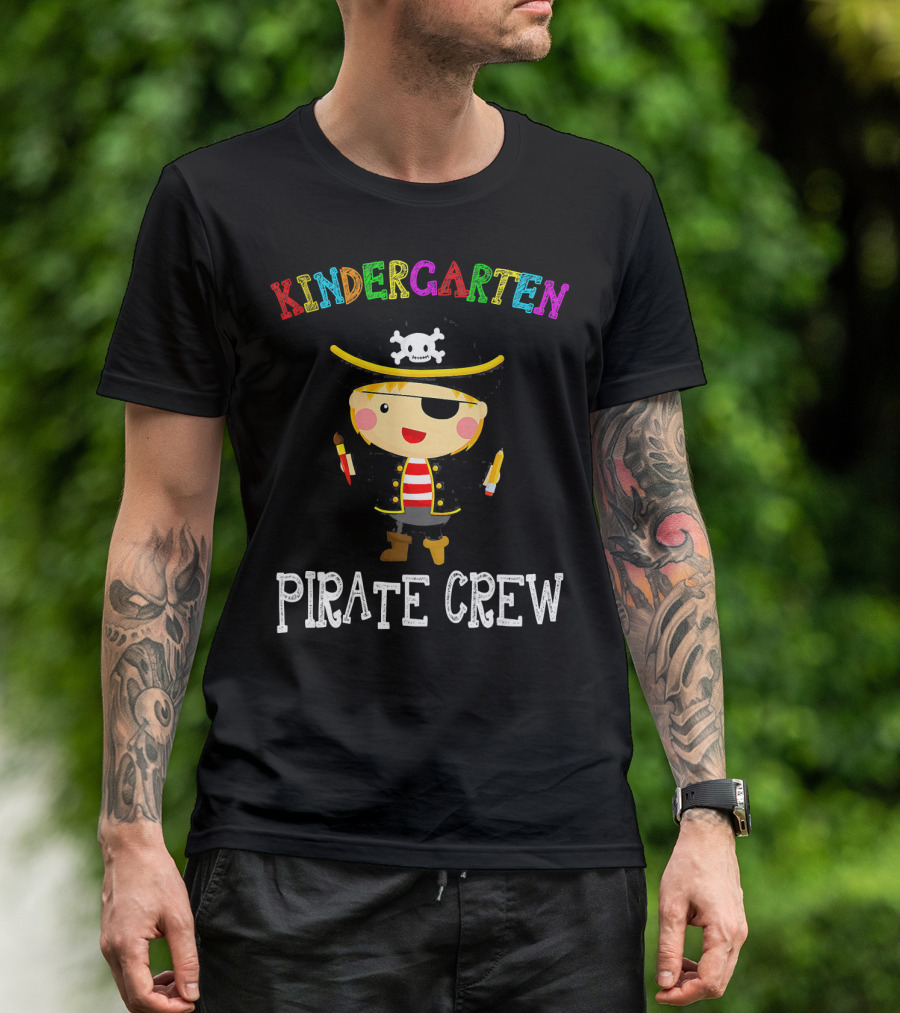 Kindergarten Pirate Crew Sketched Colorful Text With Pirate Boy Holding Crayons T-Shirt