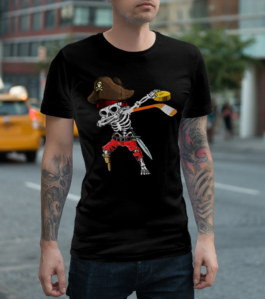 Dabbing Skeleton Jolly Roger Pirate Hockey Stick Ice T-Shirt