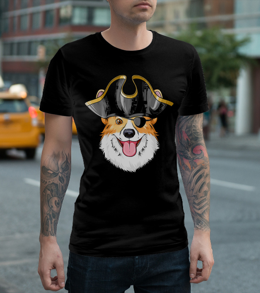 Pirate Corgi Wearing Black Tricorn Hat and Eye Patch T-Shirt