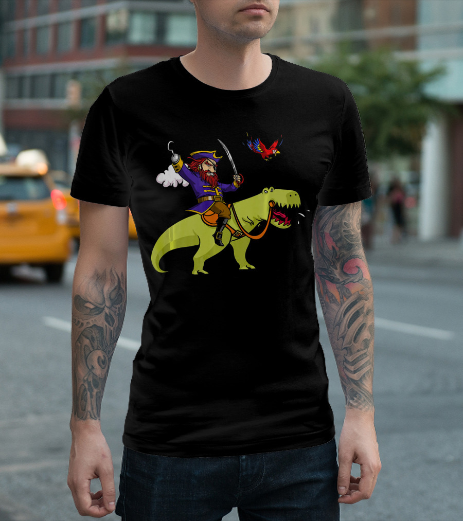 Pirate Sailor Rides T-Rex Dinosaur With Parrot T-Shirt