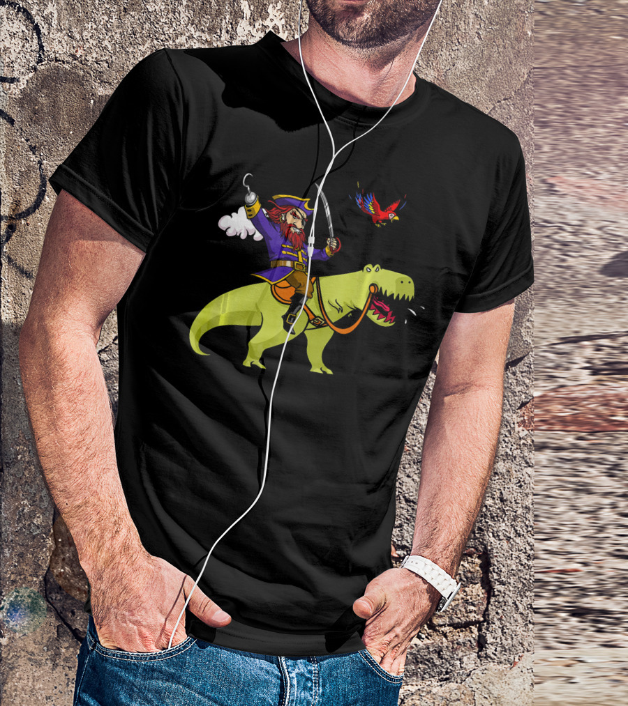 Pirate Sailor Rides T-Rex Dinosaur With Parrot T-Shirt