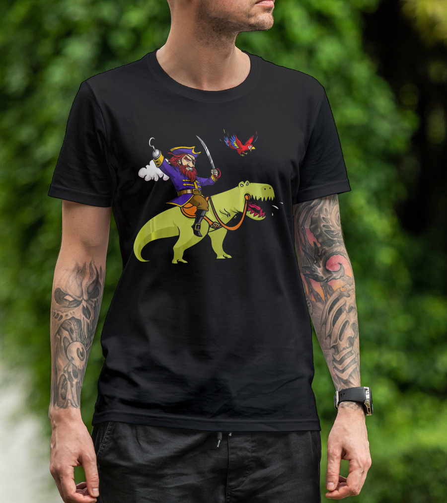 Pirate Sailor Rides T-Rex Dinosaur With Parrot T-Shirt