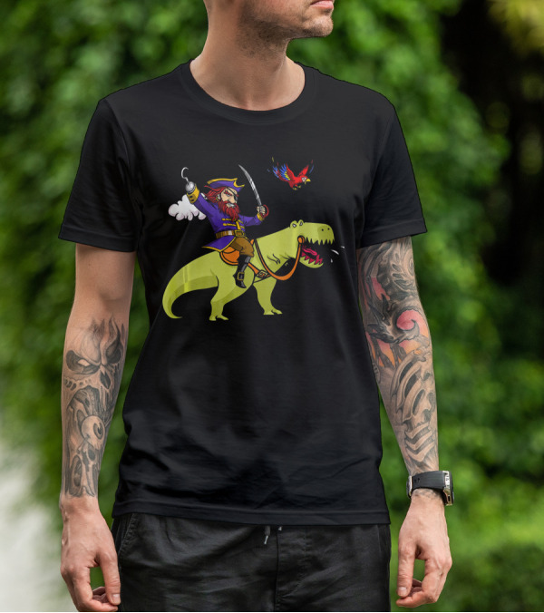 Pirate Sailor Rides T-Rex Dinosaur With Parrot T-Shirt