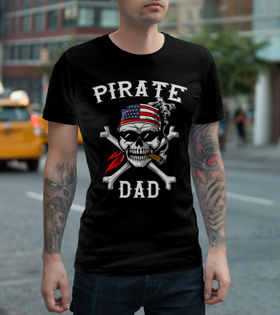 Pirate Dad Skull Crossbones American Flag Bandana T-Shirt