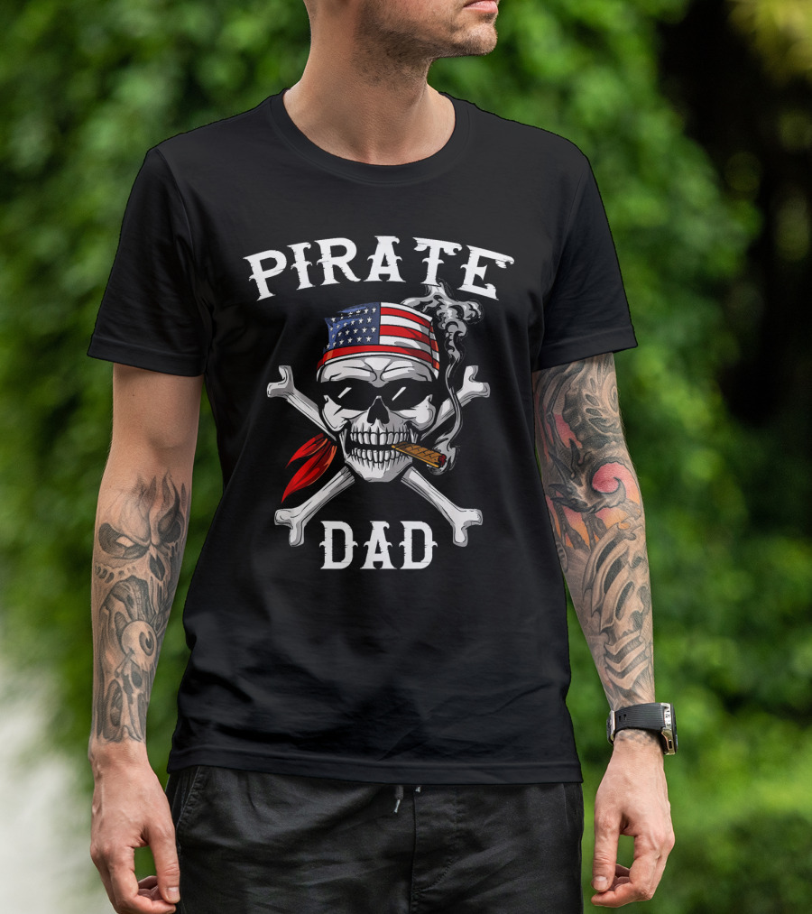 Pirate Dad Skull Crossbones American Flag Bandana T-Shirt