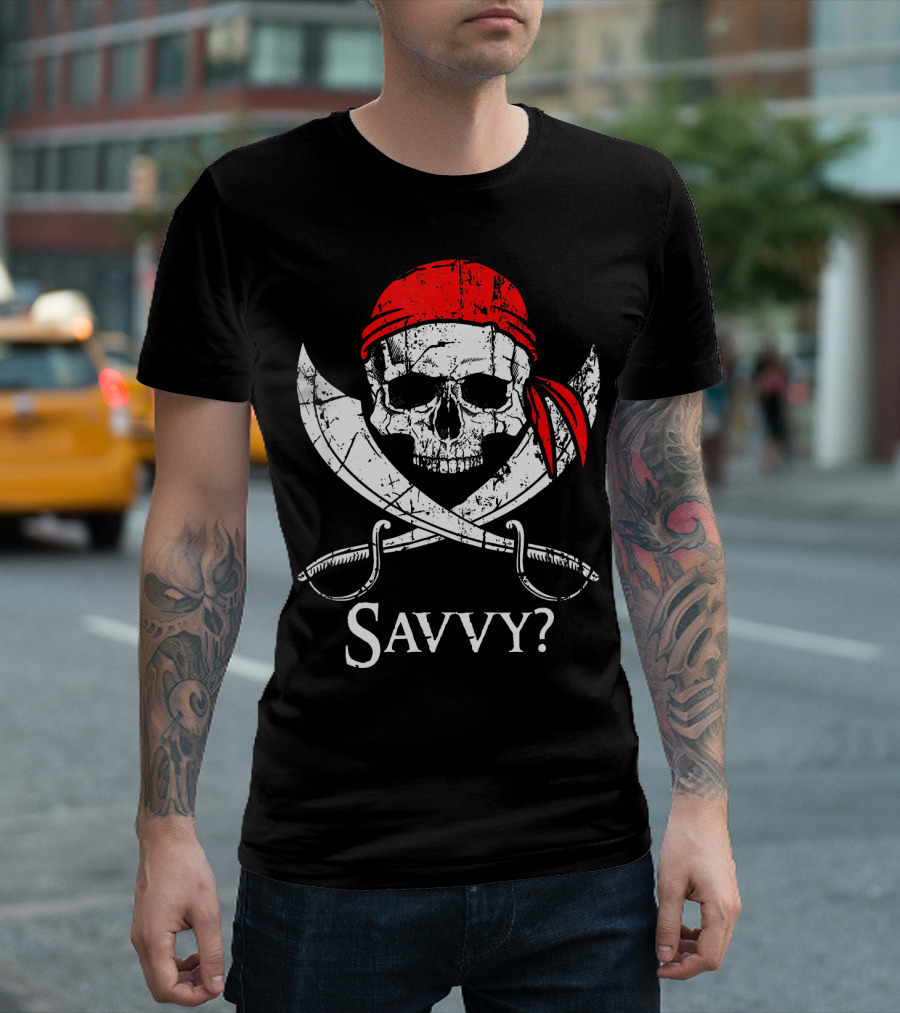 Savvy Pirate Skull and Crossbones with Red Bandana and Swords T-Shirt