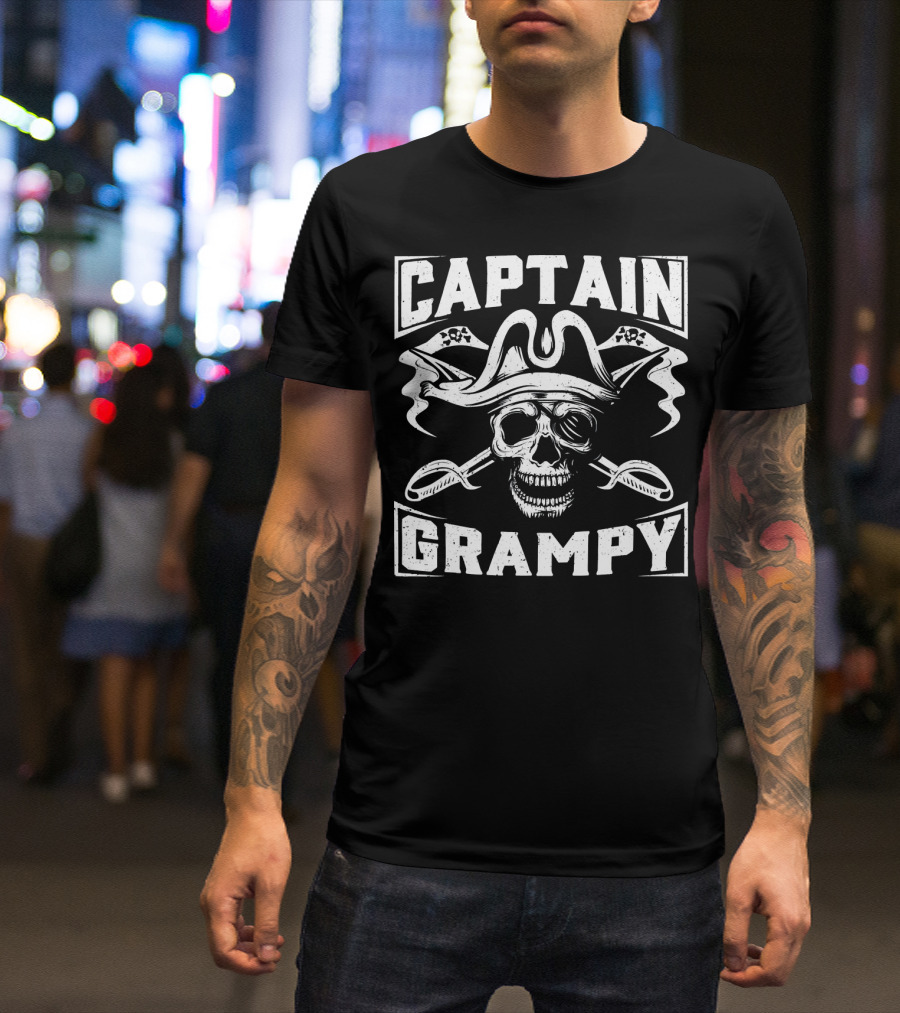 Captain Grampy Pirate Skull And Crossed Swords Motif T-Shirt
