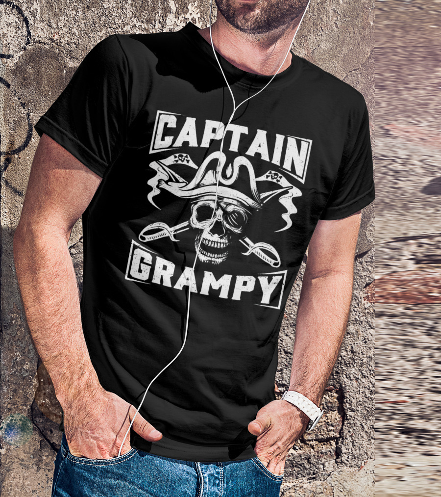 Captain Grampy Pirate Skull And Crossed Swords Motif T-Shirt